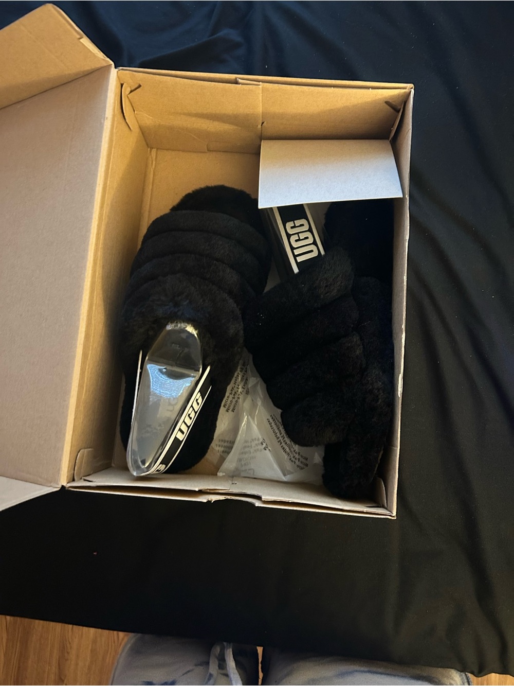 UGG Black Fluff Slide Shearling Slippers - Picture 2 of 4